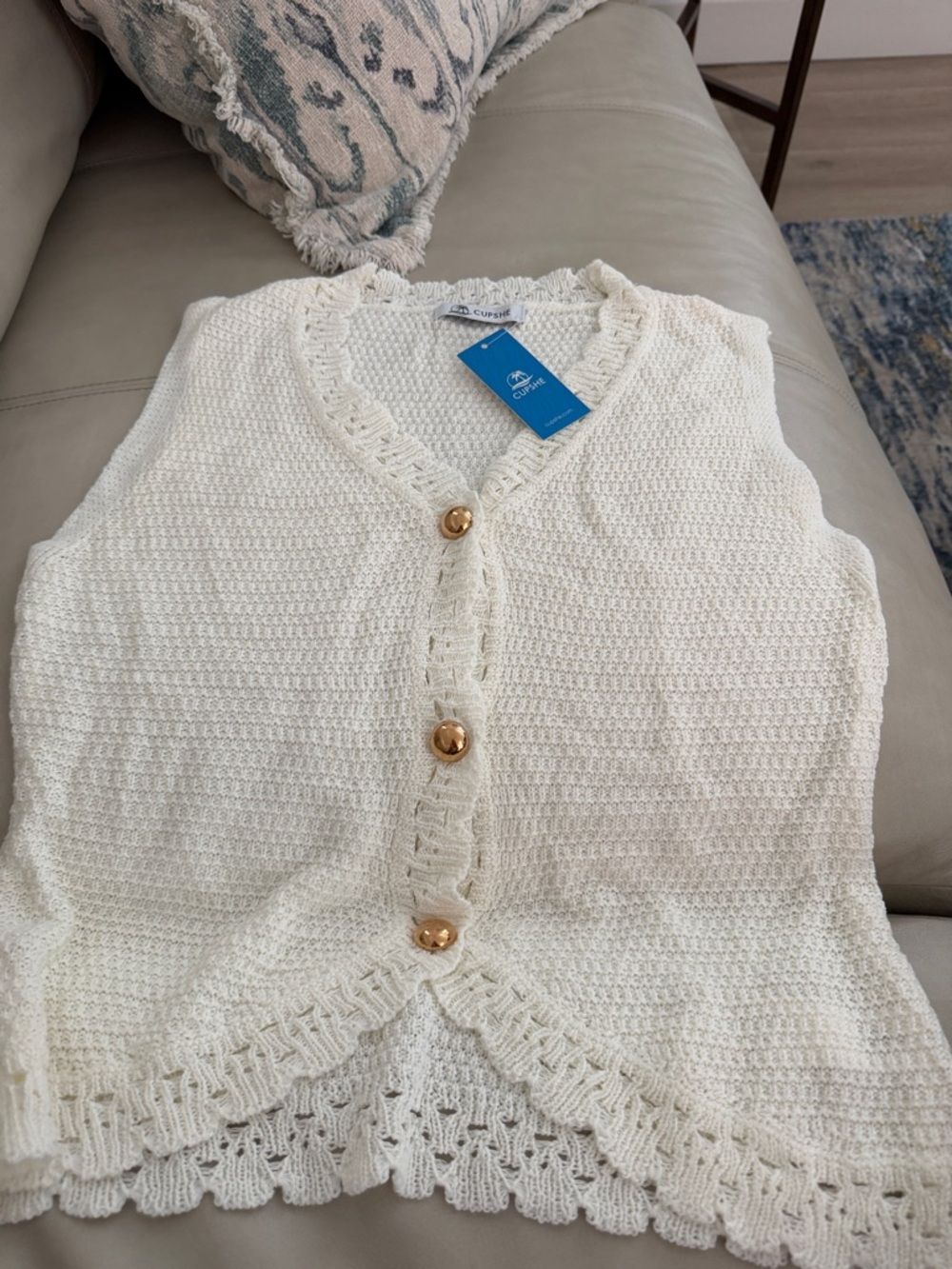 Cupshe Cream Crochet-Trim Knit Button Tank Top